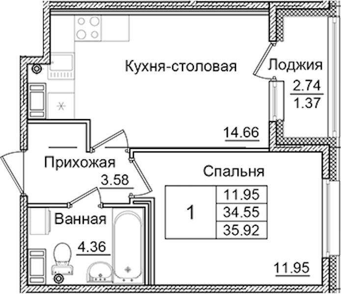 1-комнатная квартира 35.92 м², 4/9 эт., ЖК «Квартал Заречье»